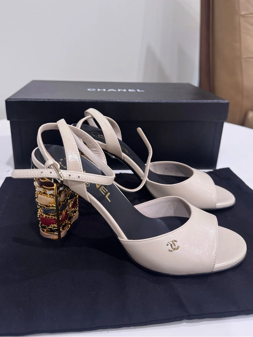 CHANEL beige calf skin block heal with unique colorful leather detail